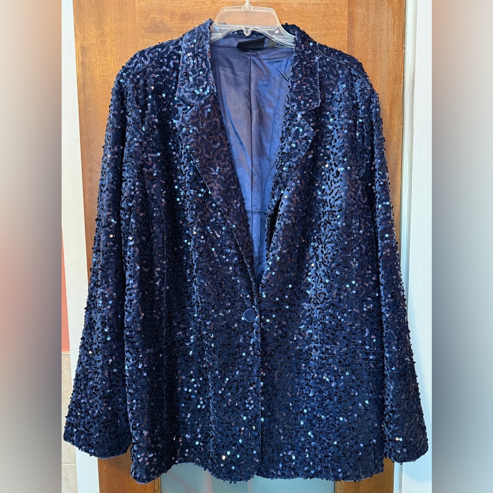 Joan Rivers Red Carpet Vtg Women Plus Navy Sequin Single Breasted Blazer NWOT